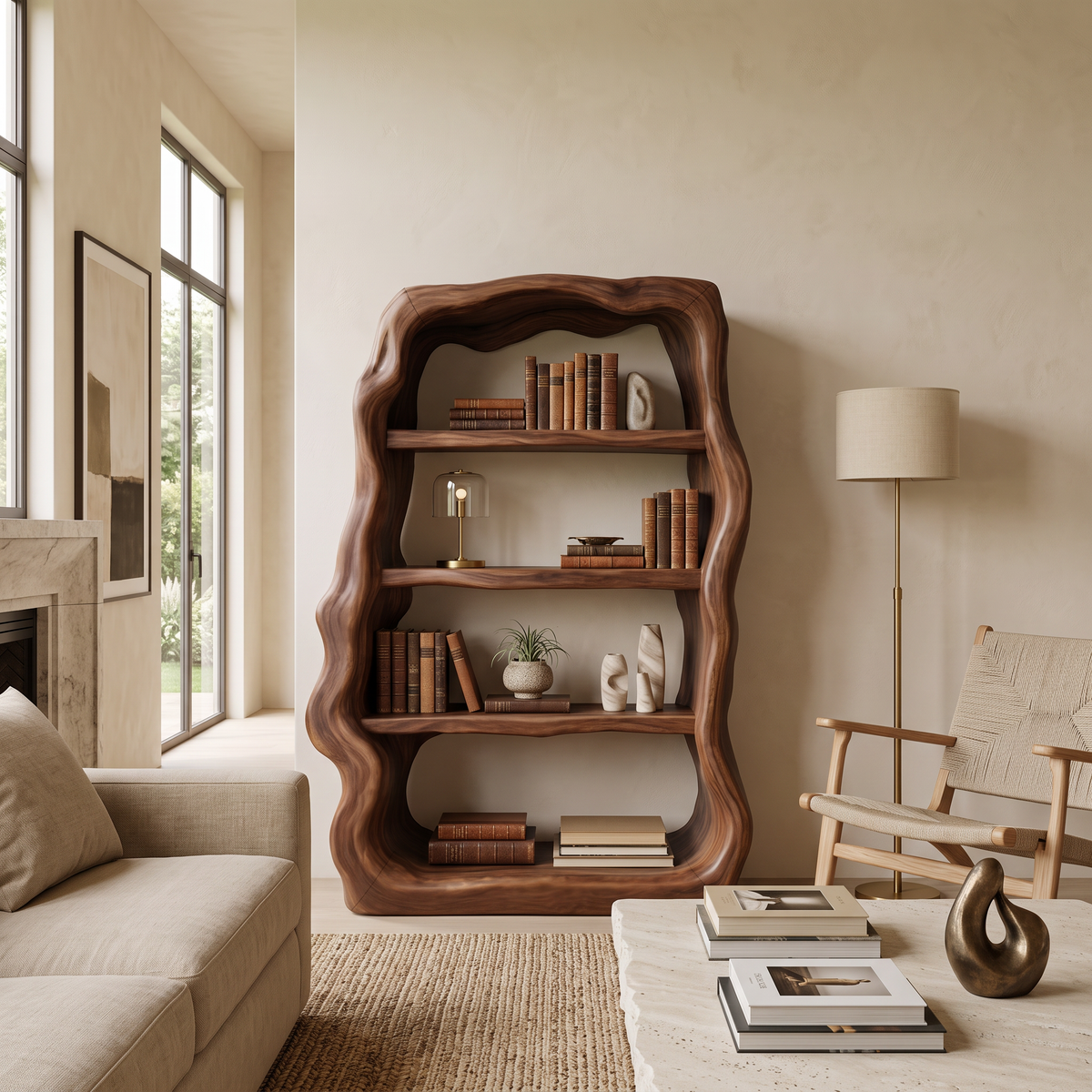 Rustic Sculptural Wooden Bookshelf With Carved Frame For Living Room Or Library