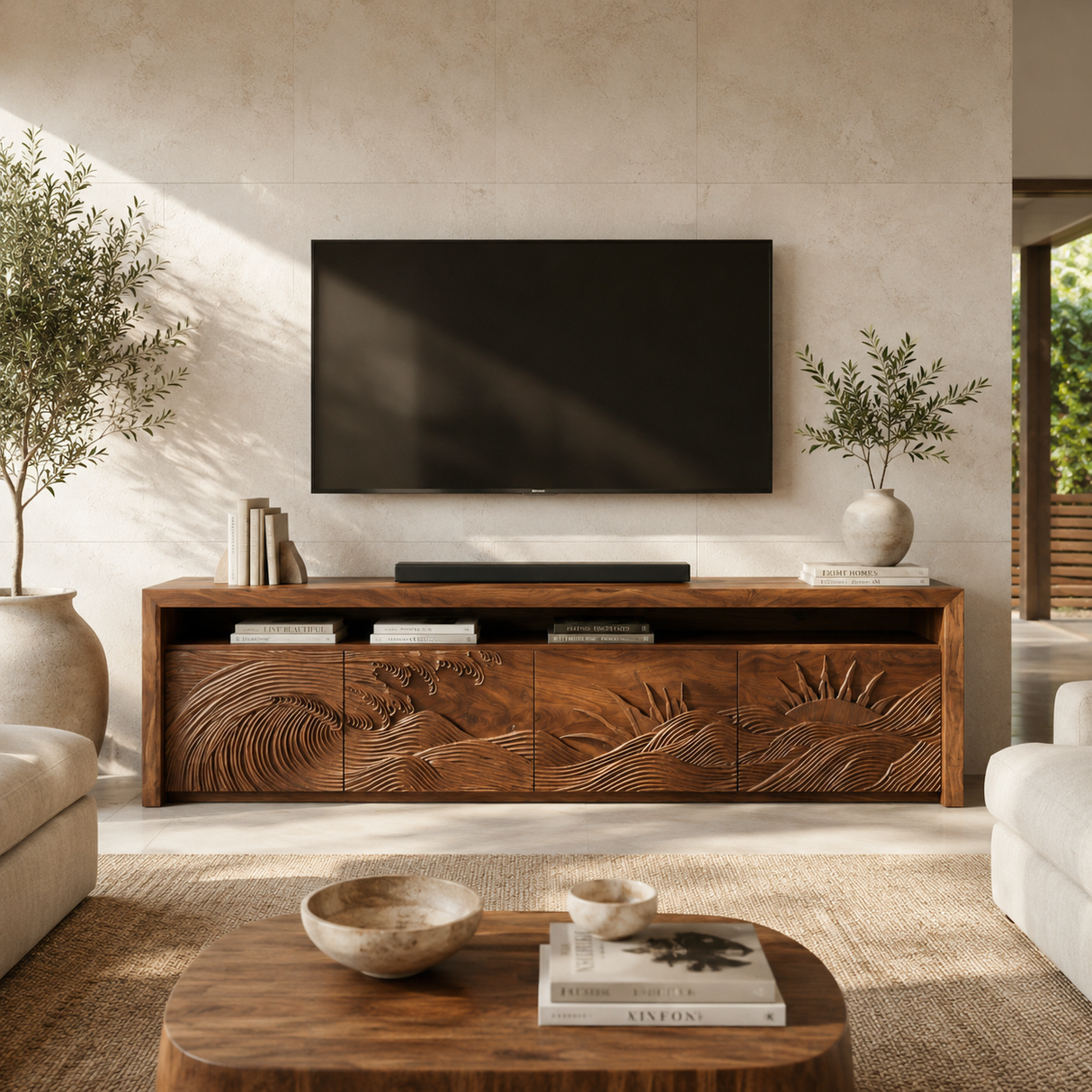 Organic TV Stand With Mountain Relief Doors For Contemporary Living