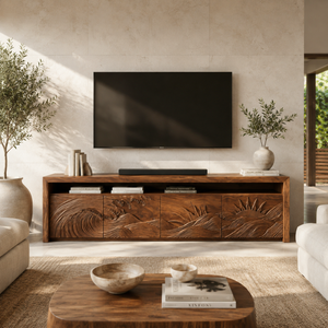 Organic TV Stand With Mountain Relief Doors For Contemporary Living