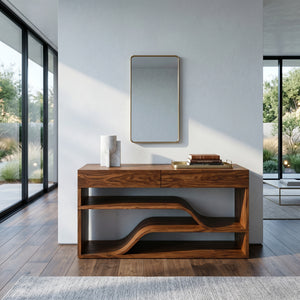 Organic Wooden Console Table With Connecting Shelving Units For Entryway
