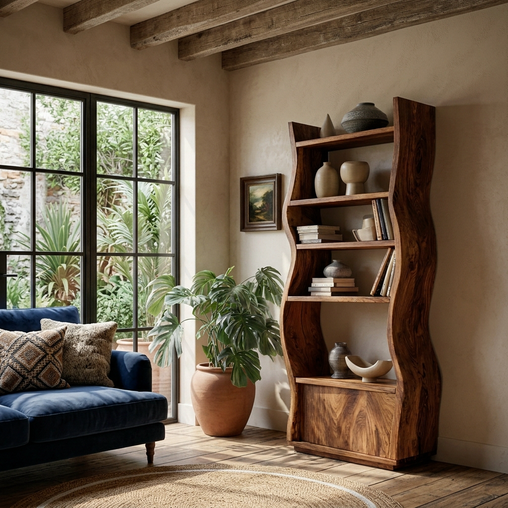 Contemporary Sculptural Wooden Standing Shelf For Home