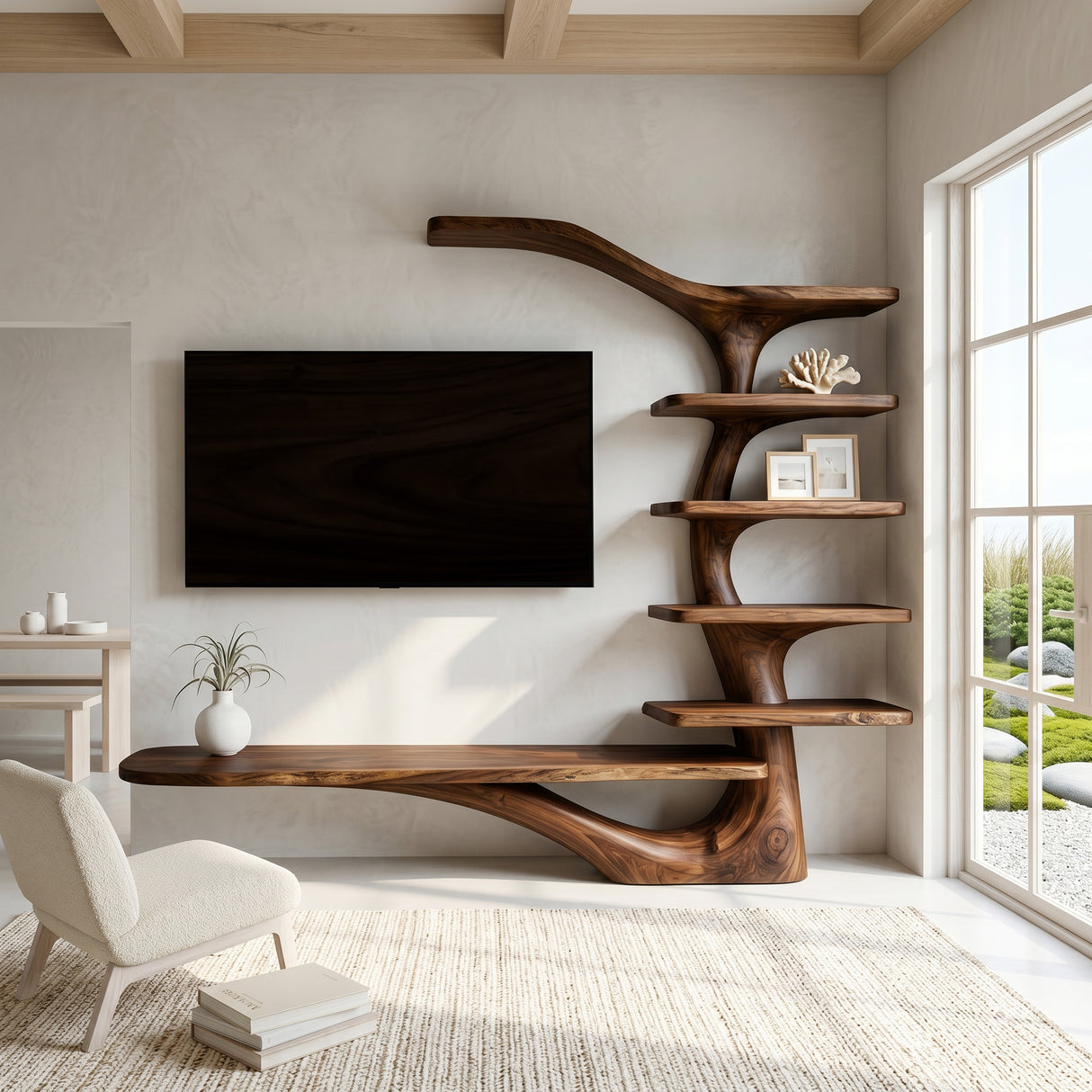 Modern TV Stand With Tree Inspired Shelf For Living Room