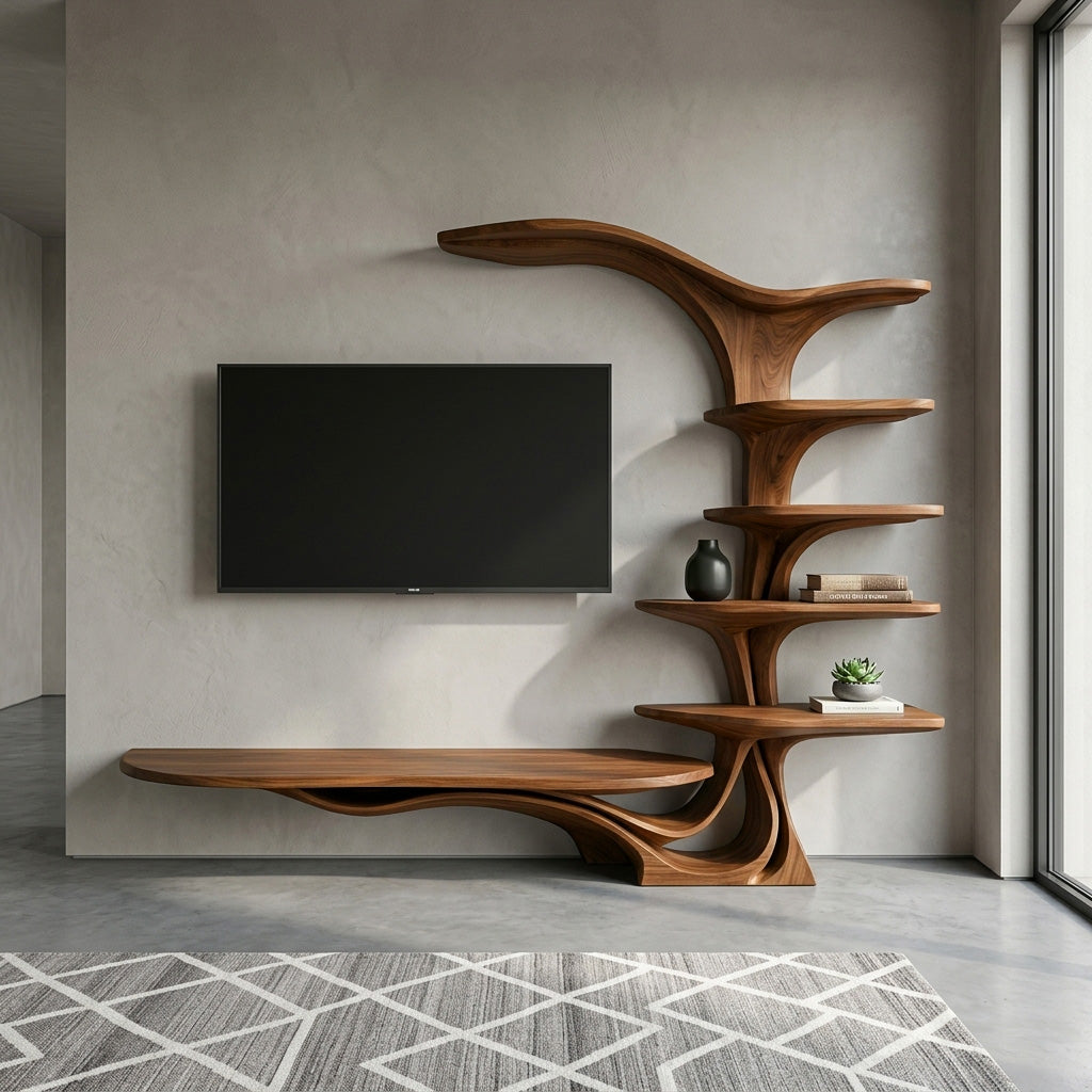 Modern Sculptural TV Stand With Branch Shelves For Living Room