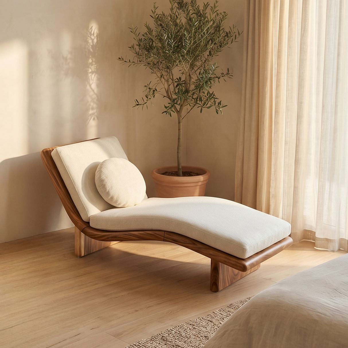 Minimalist Walnut Chaise Lounge Serene Coastal Retreat Living Space