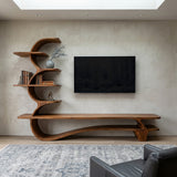 Organic Wood TV Stand With Side Curved Shelf For Living