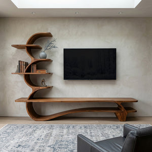 Organic Wood TV Stand With Side Curved Shelf For Living