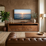 Organic TV Stand With Wave Carved Doors And Open Shelf For Home