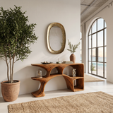 Modern Wooden Console Table With Sculptural Open Shelves For Living