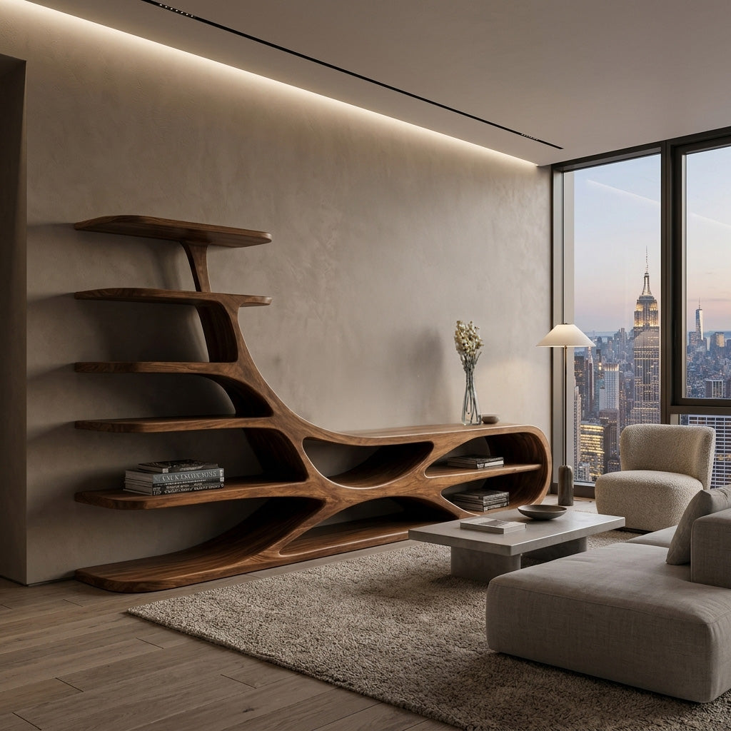 Organic Natural Wood TV Stand With Floating Shelves For Home