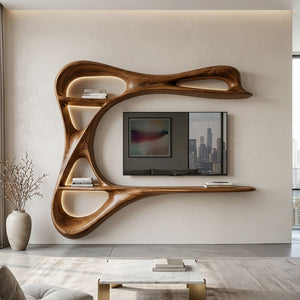 Contemporary Carved Frame TV Console With Integrated Shelves For Home