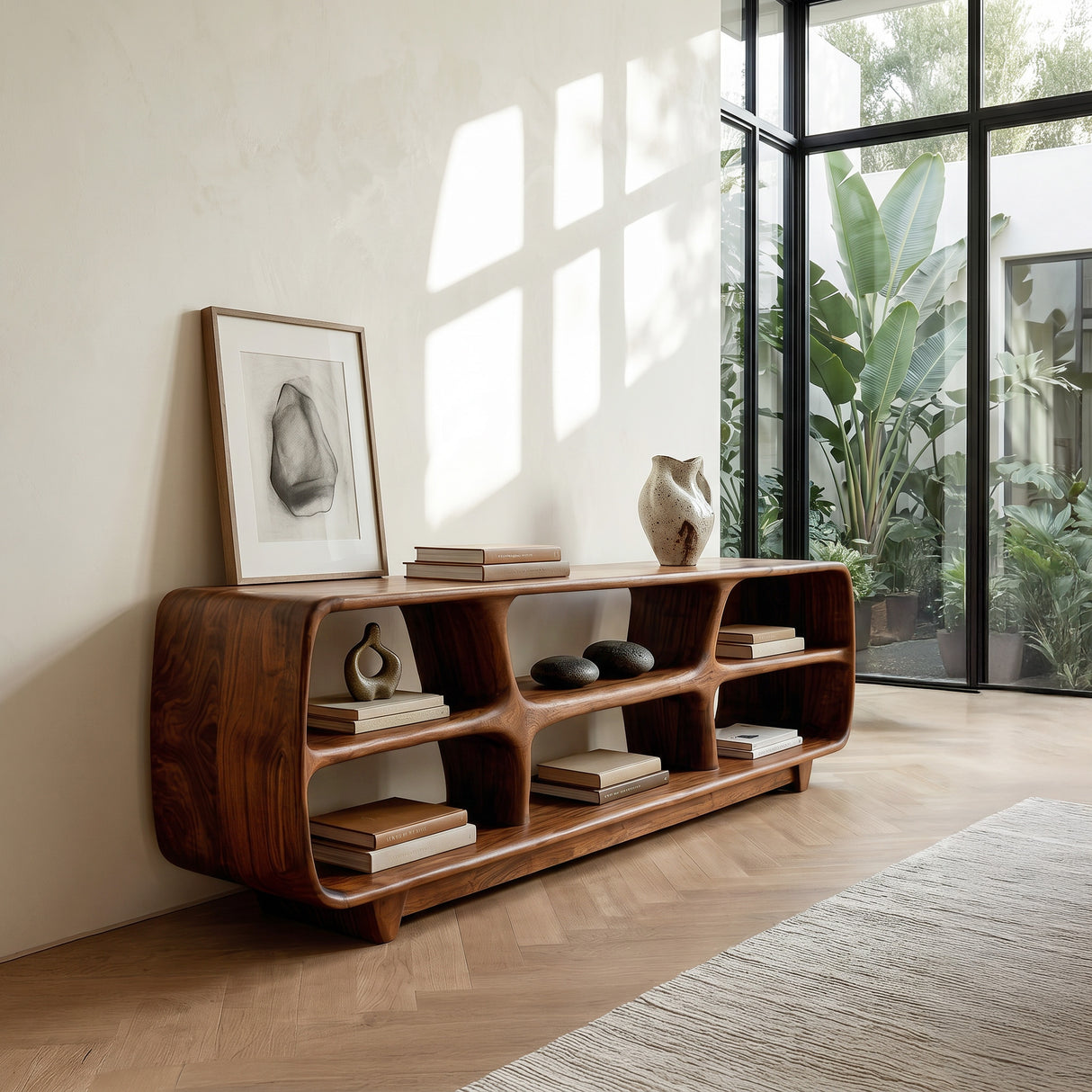 Contemporary Wooden Bookshelf With Six Display Compartments For Living Room