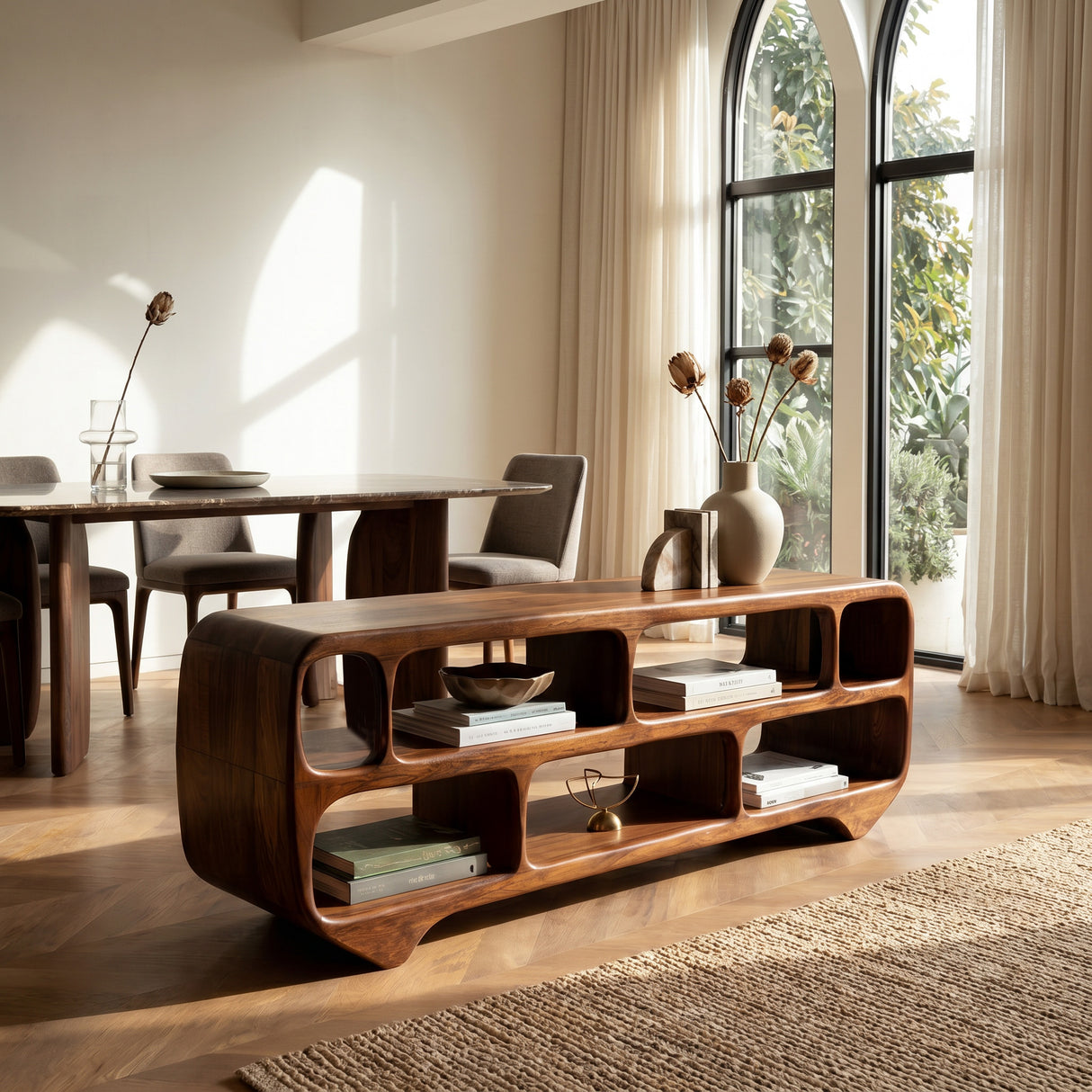 Organic Modern Rounded Low Bookshelf For Living Room