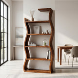 Contemporary Wooden Wavy Bookshelf With Multi Display Tiers For Living