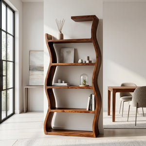 Contemporary Wooden Wavy Bookshelf With Multi Display Tiers For Living