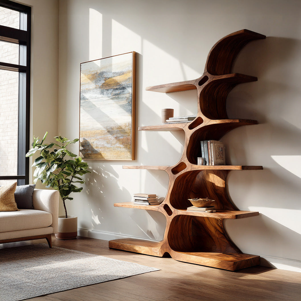 Japandi Carved Sculptural Bookshelf For Living Room