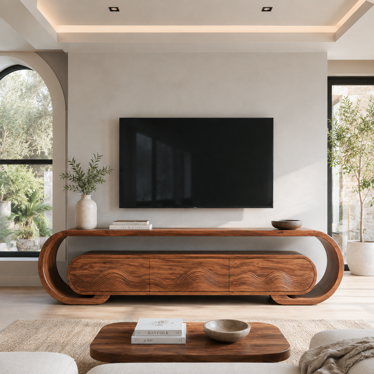 Contemporary TV Stand With Layered Wave Carved Doors For Living