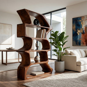 Organic Farmhouse Wooden Curved Bookshelf For Living Room