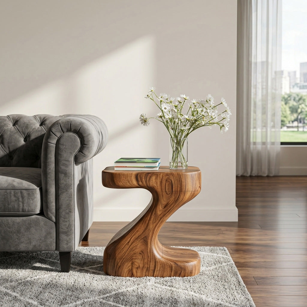 Organic Wooden Z-Shaped Side Table For Home Living