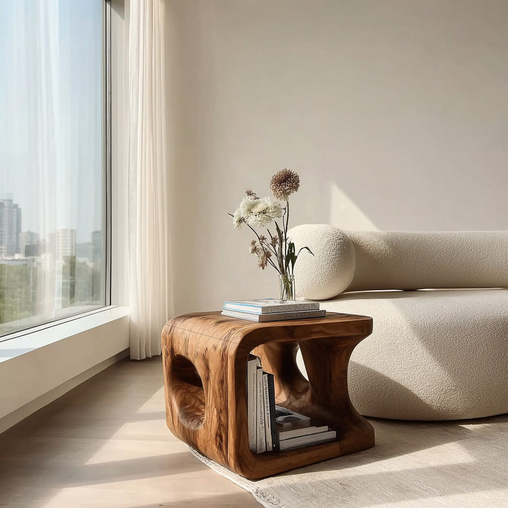 Organic Natural Wood Open Cube Side Table For Living Room
