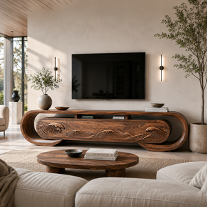 Contemporary TV Console Flowing Wave Carved Doors For Modern Interior