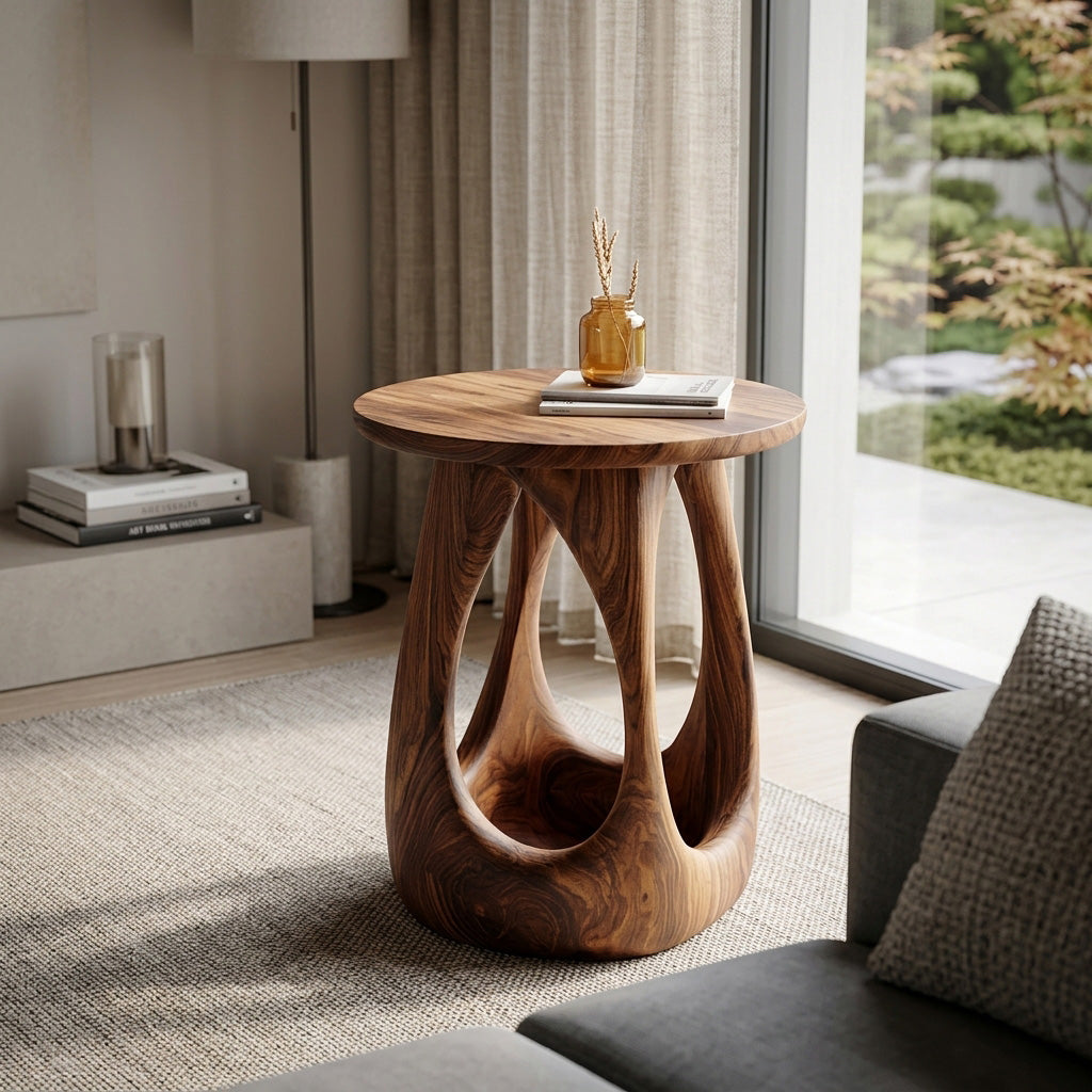 Organic Wooden Open Arch Side Table For Living Room