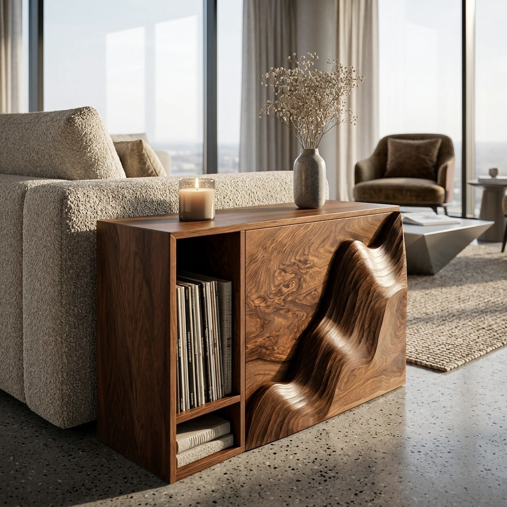 Organic Wooden Side Table With Carved Wave Front For Living
