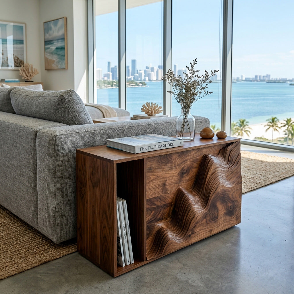 Modern Wooden Sculptural Wave Front Side Table For Living Room