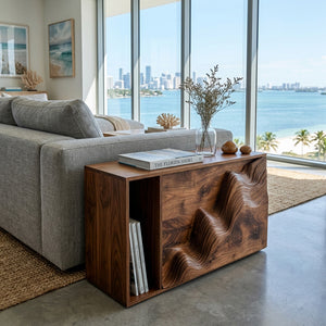 Modern Wooden Sculptural Wave Front Side Table For Living Room