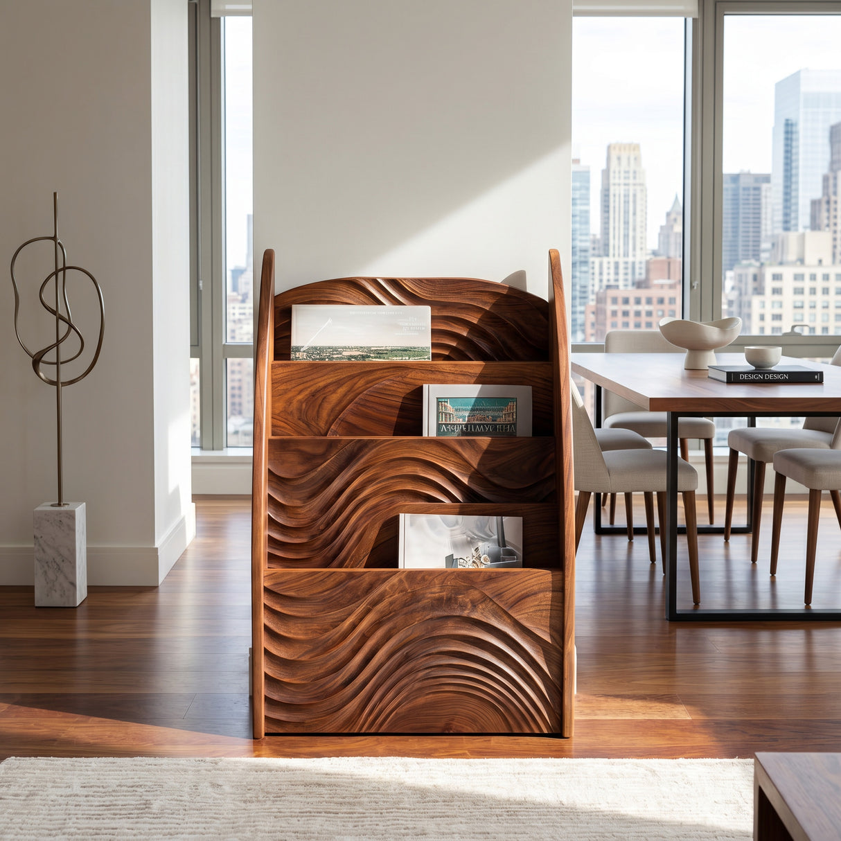 Contemporary Wooden Wave Carved Magazine Rack For Living Room