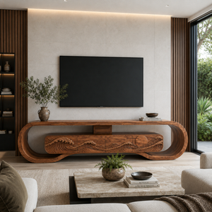 Wooden TV Stand With Carved Ocean Wave For Luxury Home