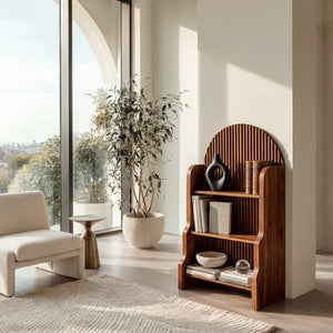 Organic Wooden Slatted Arch Magazine Rack For Living Room