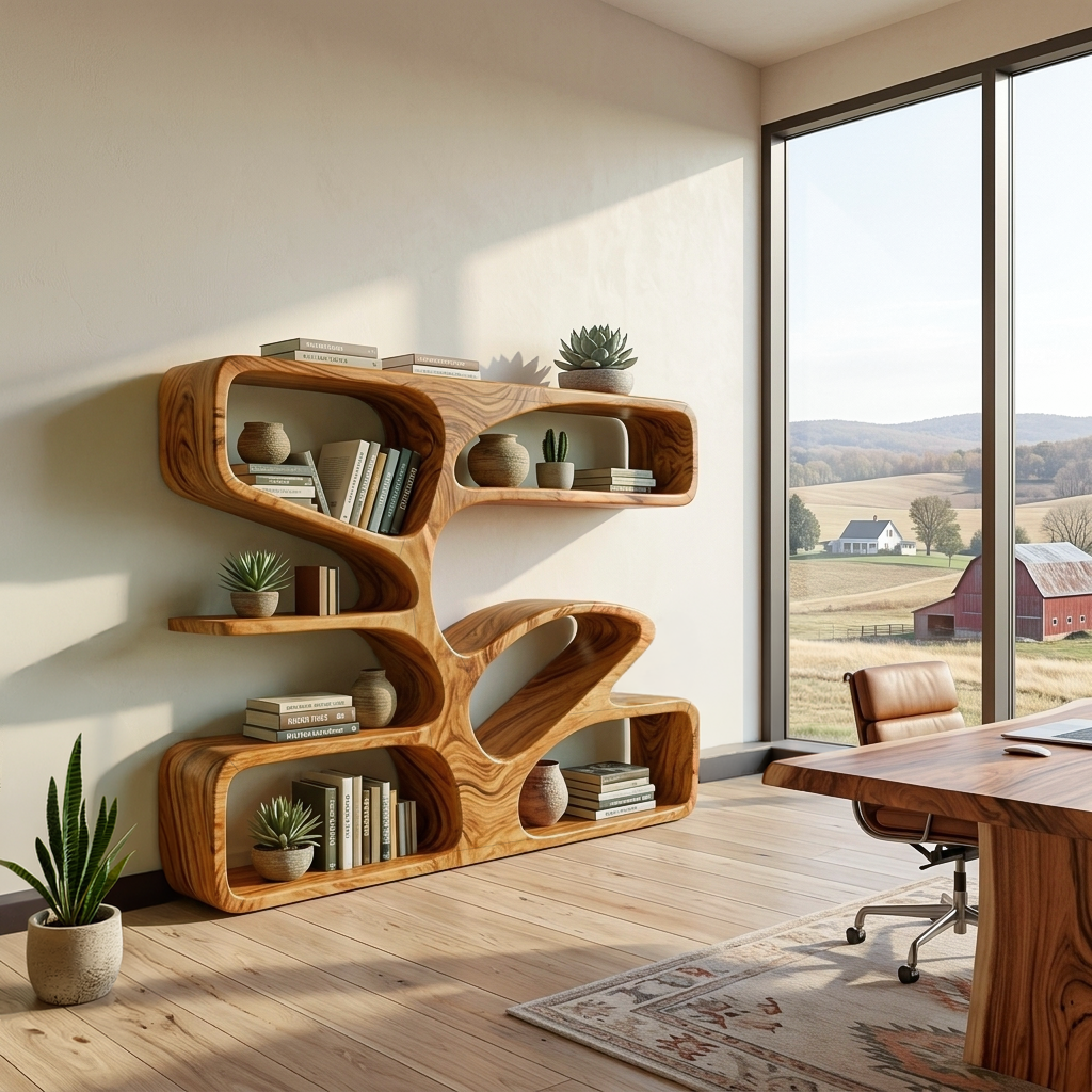 Organic Wooden Bookshelf With Sculpture Form For Home