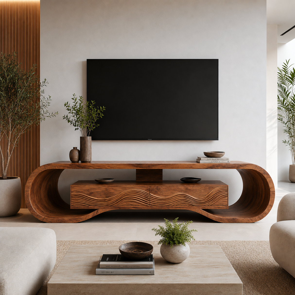 Contemporary Curved Wooden TV Stand For Luxury Interiors