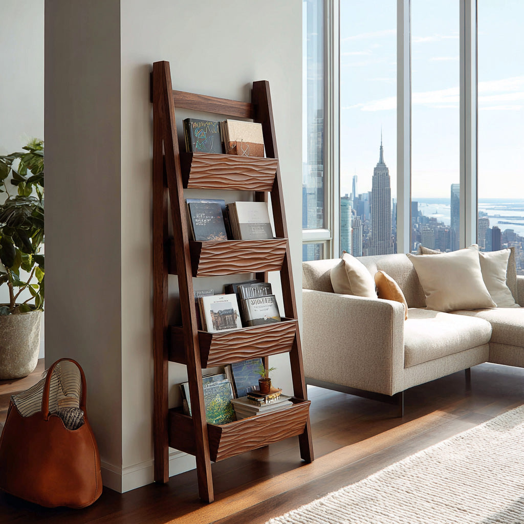 Contemporary Wooden Ladder Magazine Rack For Living Room