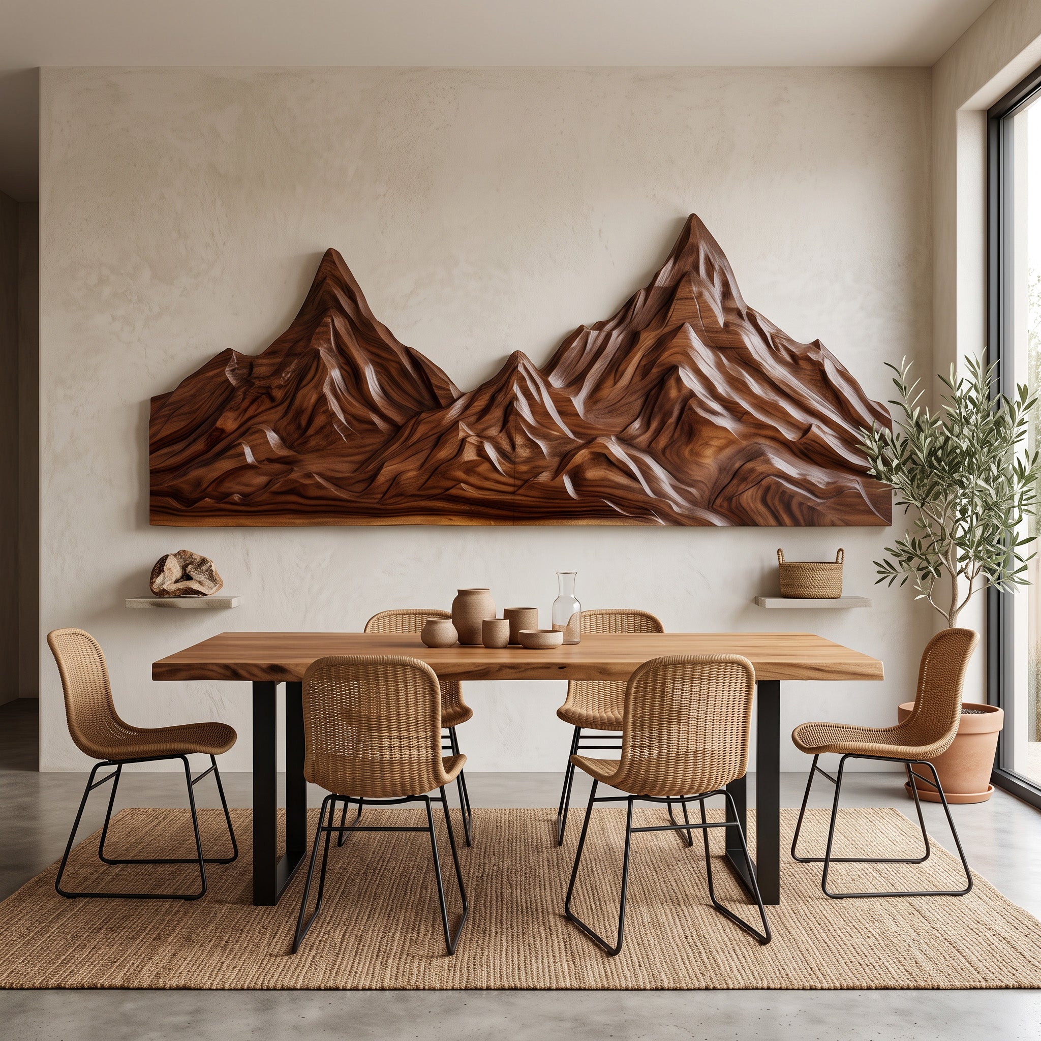 Rustic Mountain Wall Art Sculpture Hand Carved For Bedroom And