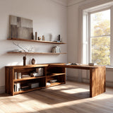 Modern Curved Natural Wood L Desk For Minimalist Office