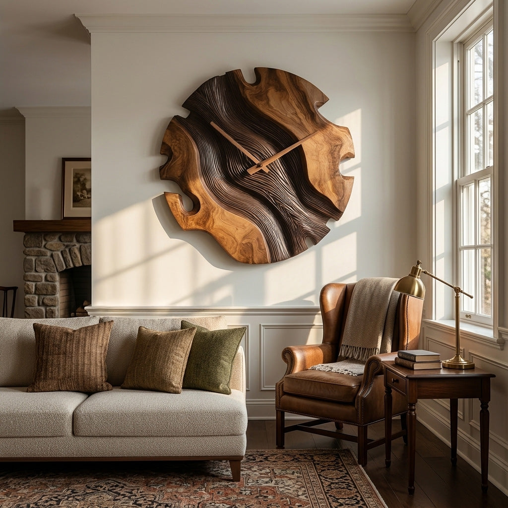 Elegant Sculptural Wooden Wall Clock For Living Room