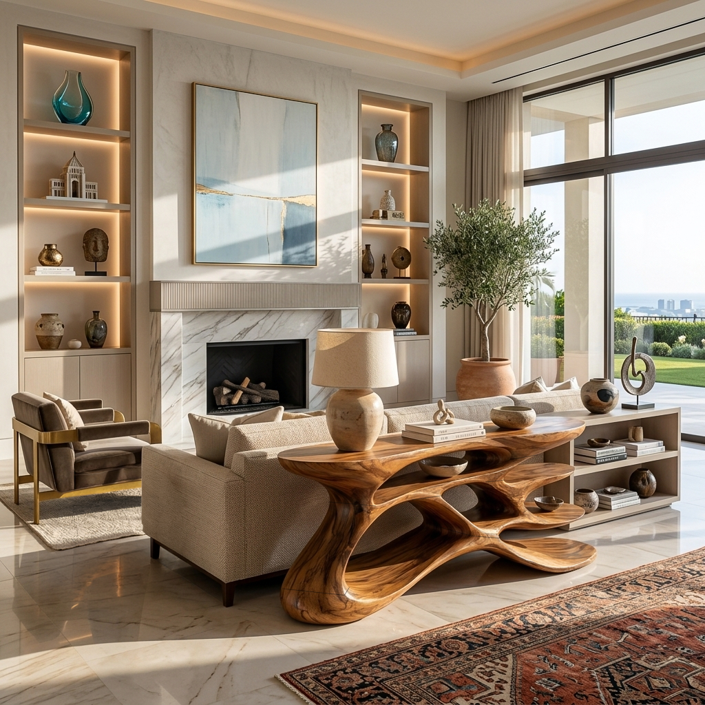 Wooden Console Table With Sculptural Form For Living Statement