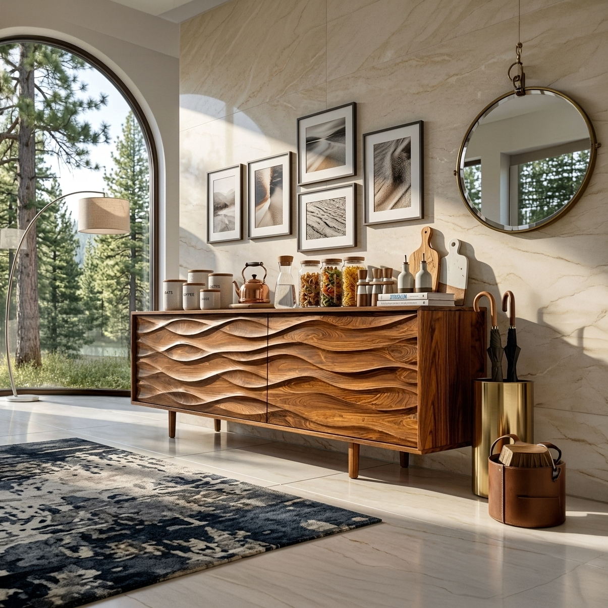 Contemporary Sideboard With Carved Wave Front Panels For Home