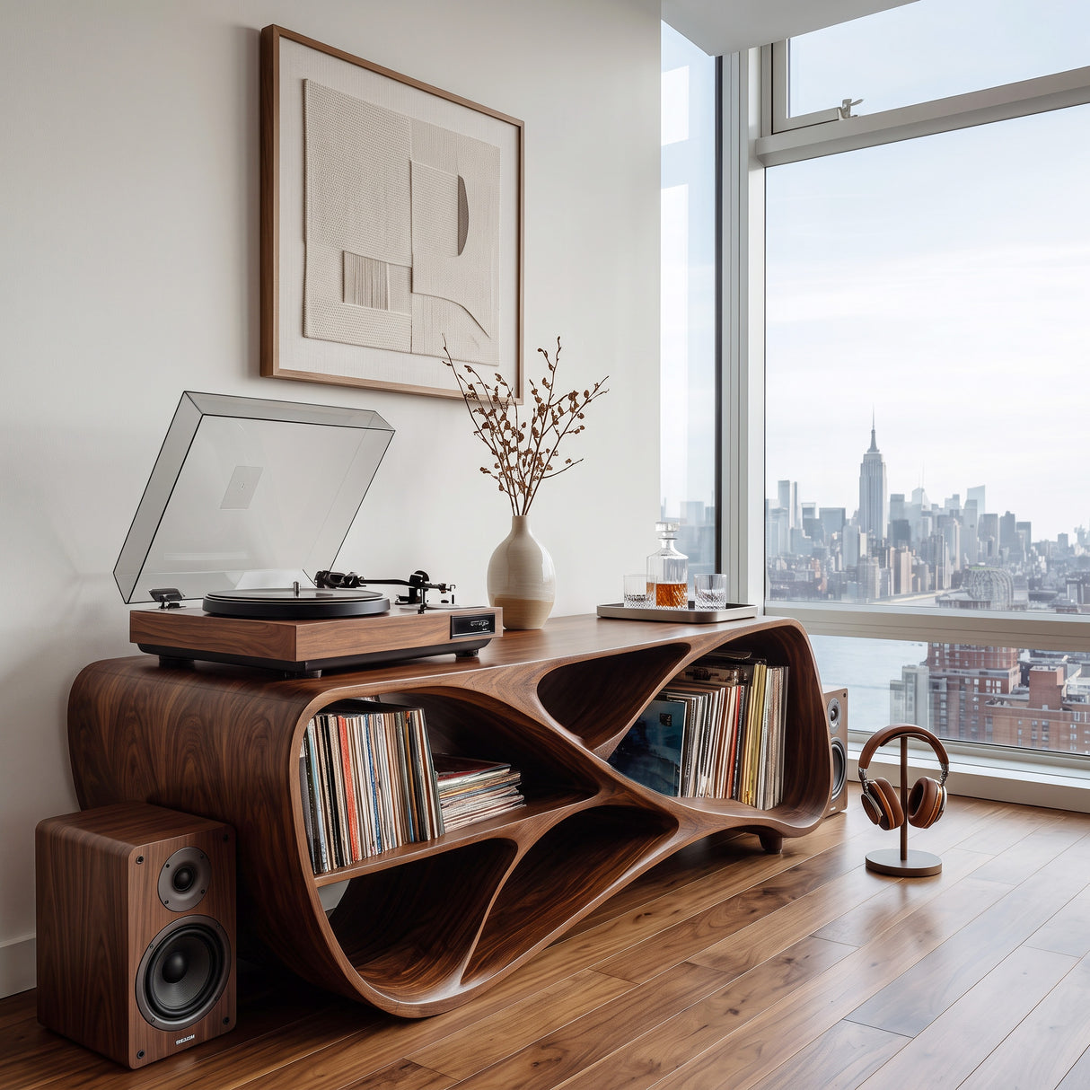 Contemporary Wooden Record Player Console For Living Room