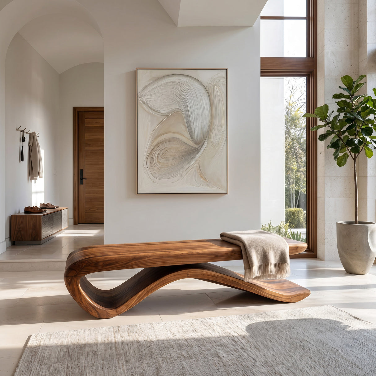 Luxury Curved Wooden Bench For Living Room
