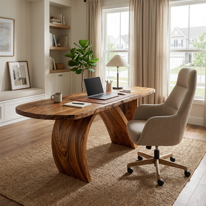 Contemporary Wooden Desk With Artistic Base For Home Workspace