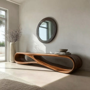 Modern Wood Bench With Sculptural Form For Entryway