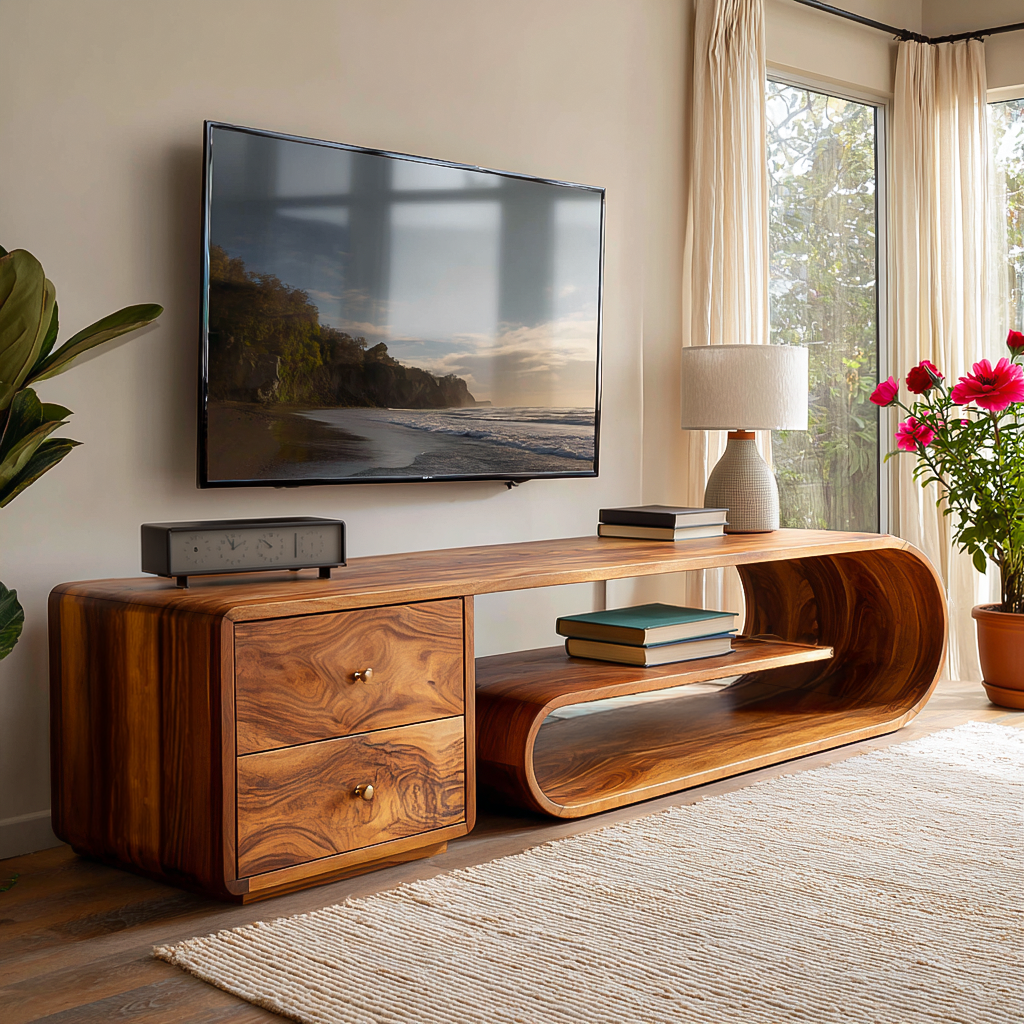 Modern TV Stand With Rounded Form For Living Room Space