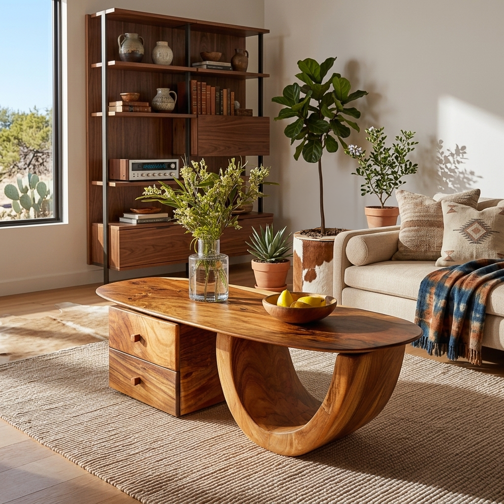 Modern Wood Oval Coffee Table With Drawer For Living Room