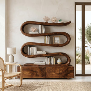 Modern Abstract Bookshelf With Undulating Shelf For Living Room