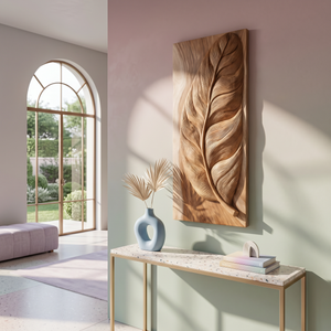 Rustic Wall Art With Carved Leaf Design For Entryway