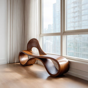 Artistic Wooden Bench With Flowing Sculpture For Luxury Interior