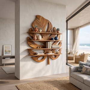 Artistic Wooden Tropical Leaf Wall Mounted Bookshelf For Home Decor