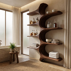 Organic Sculptural Natural Wood Bathroom Shelf For Spa